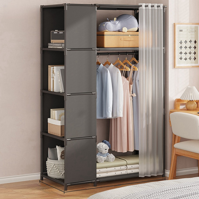 Briliant 비키니옷장 조립식 커튼 스텐드 행거 무볼트 가벼운 수납 옷장 선반형 G518-057, 블랙