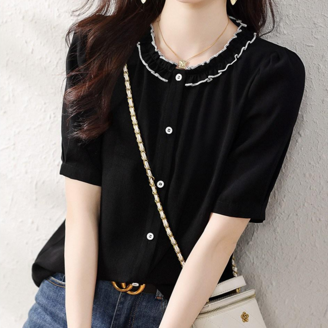 채윤러브 여성 프릴 레이스 카라 반팔 블라우스 CY0355A