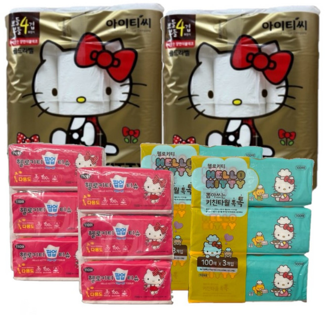 헬로키티 골드라벨 더블데코 4겹 프리미엄 화장지 30롤 2팩 + 팝업티슈 6팩 + 키친타올 6팩