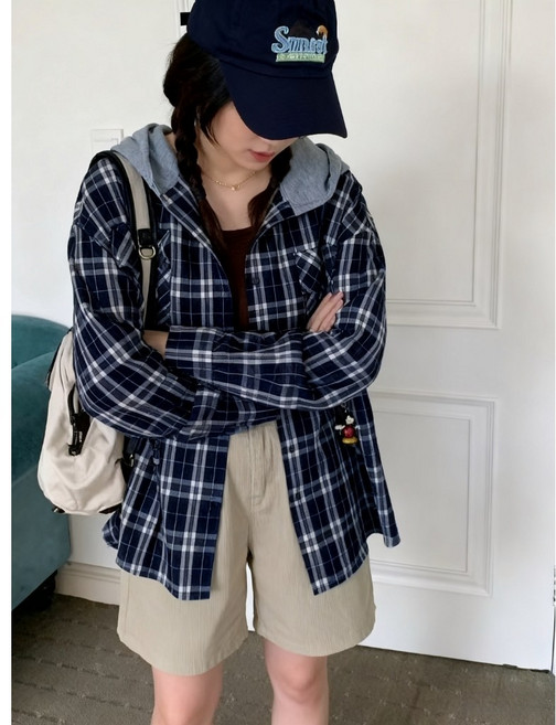 CHILL 連帽格紋薄襯衫 通勤休閒寬鬆長袖早秋薄外套 學生穿搭百搭襯衫