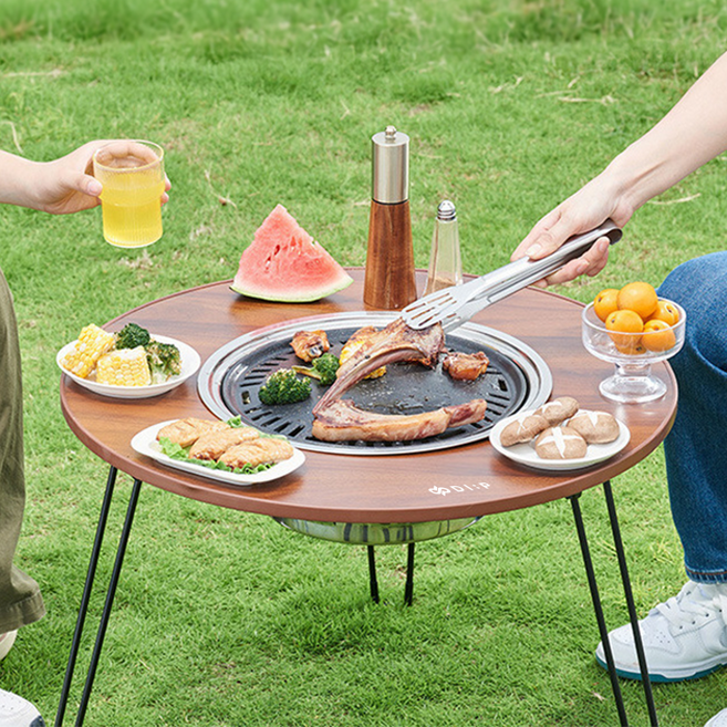 디프 원형 바베큐 그릴 캠핑 화로 테이블, 우드