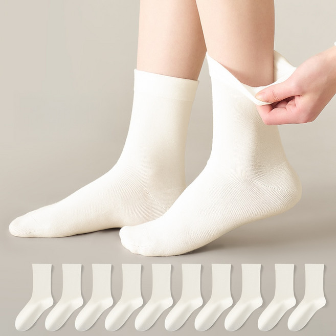 MJLP 여성 순색 중목 양말 화이트 학생용 데일리 10켤레
