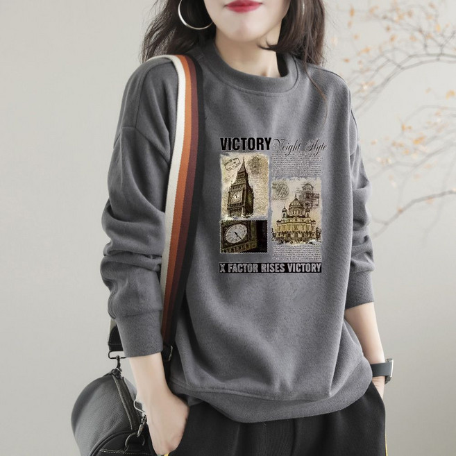 메인워크 중년여성 라운드넥 맨투맨 긴팔 티셔츠 봄가을 엄마룩 순면 캐주얼 빈티지 프린트 오