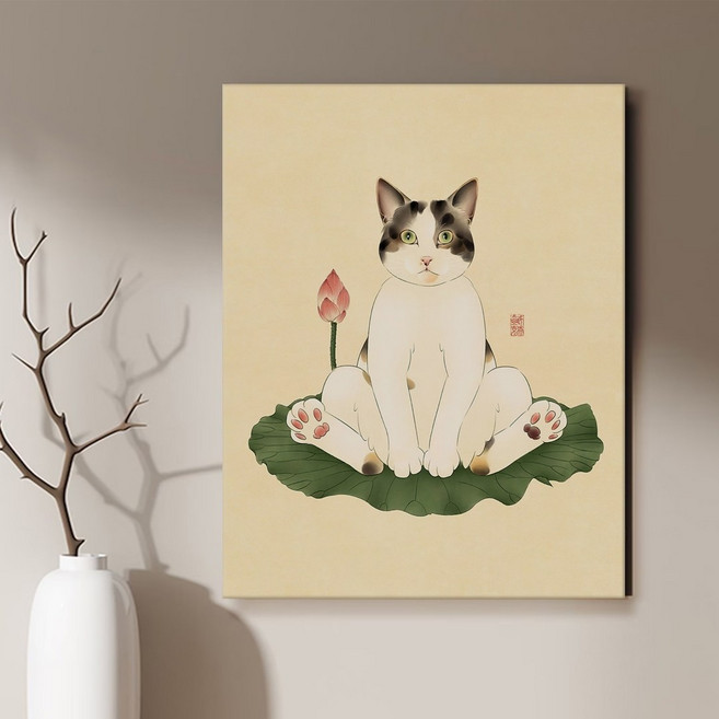 현대 민화 춘묘도 고양이 카페 거실 인테리어 캔버스 그림액자 9종 집들이 선물 고양이그림, 05.수련춘묘