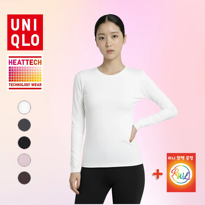 [정품] 유니클로 히트텍 여성 오리지널 크루넥T (긴팔) 티셔츠 상의 발열 내의 내복 + 미니핫팩