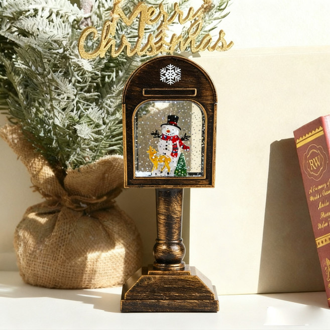 크리스마스 오르골 워터볼 랜턴 LED 무드등 워터 스노우볼 램프 인테리어소품 선물 8곡 크리스마스 음악, 1개, 원형우체통-눈사람