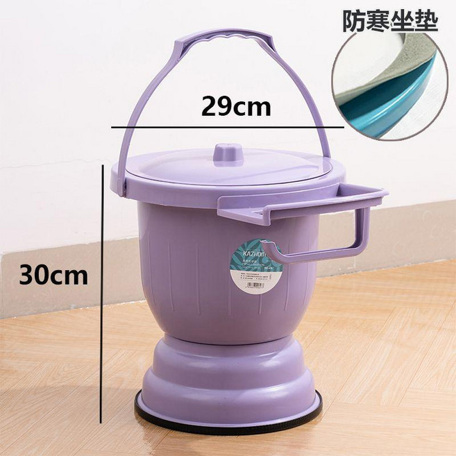 家用加厚帶蓋手提便盆 成人孕婦兒童起夜坐便尿桶, 加高型可坐大號紫色6升,套袋坐圈款+馬桶刷, 1個