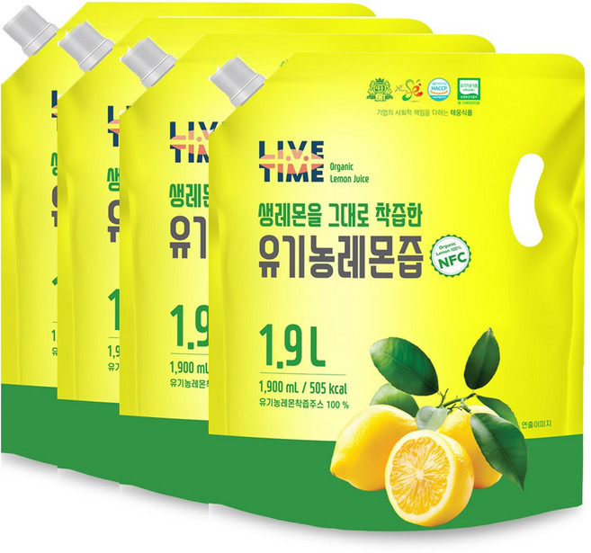 태웅식품본사 라이브타임 'NFC 착즙 유기농레몬즙 100%' '스페인산 유기농 무첨가 레몬즙 100%' '속편한 아침 레몬수' '다이어트 디톡스' '비타민C 충전', 4개, 1.9L