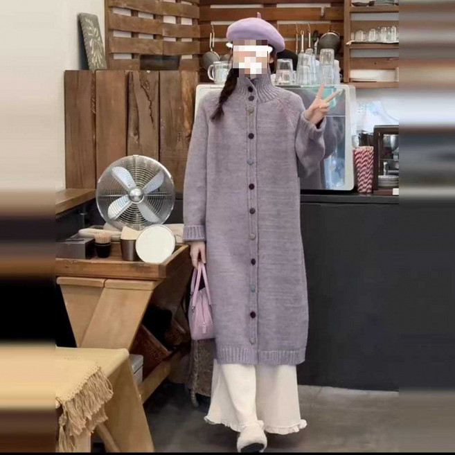 【慵懶韓系】針織連衣裙 毛衣長裙 中長款連衣裙 秋冬連衣裙 寬鬆毛衣 高領毛衣 針織長裙 寬鬆顯瘦 加厚保暖 秋冬內搭外穿, 紫色