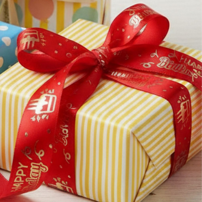 상일상회 생일축하 리본끈 선물 포장 금박 공단 레터링 25mm, 1개, 33m, 축하 레드