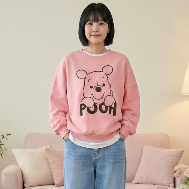 디즈니 푸우 핸들자수 양기모 오버핏 맨투맨