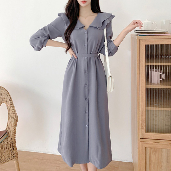 POMTOR 여름 러플 칼라 리본 허리 조임 쉬폰 롱원피스 우아한 스타일