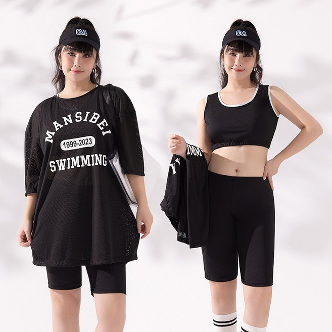 梨卡 大尺碼多件式泳衣 遮肚顯瘦款 運動風泳裝 適合55-100公斤, 【CR975】黑色體重70-100KG