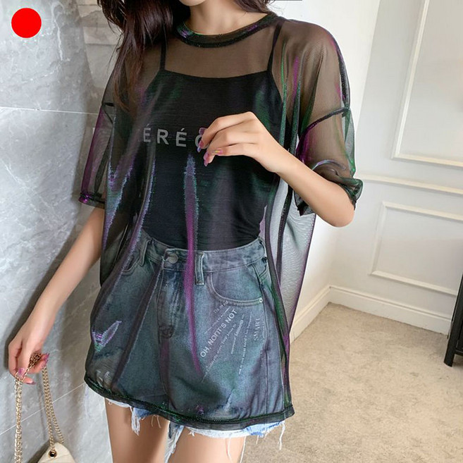 FANSYLI 여름 반팔티 패션 펄 망사 티셔츠 나시 투피스 미디움 롱 루즈핏 상의 여성 고급 반팔티 X12D28