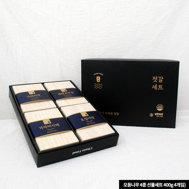 찬예찬 4종젓갈선물세트 오동나무, 400g, 1개, 1. 가리비젓 2.오징어젓 3.낙지젓 4.창란젓