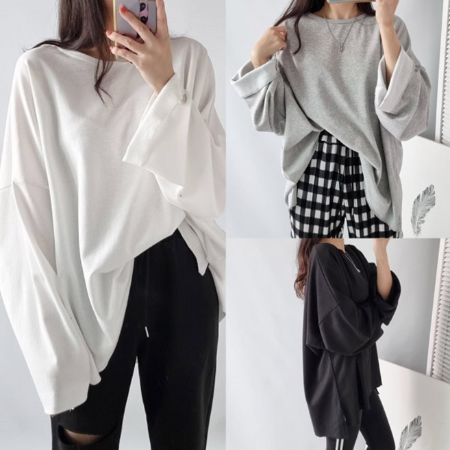 탱탱언발박스티 빅사이즈 오버핏 롱티 라운드 무지티 긴팔티 봄 가을 오버사이즈 루즈핏 임부복 체형커버 여유핏