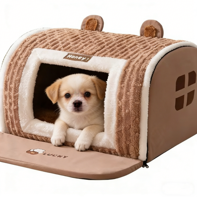 타오진 강아지집 보온 강화 예쁜 견집 반려동물 쿠션, 브라운, 1개