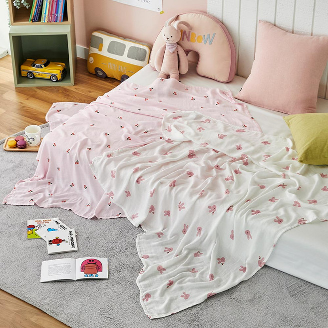 모던하우스 보들보들 뱀부 거즈블랑켓 이불 2P 세트, 토끼체리아이보리핑크