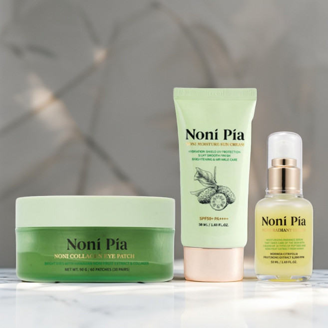 NoniPia 노니피아 스킨케어세트 [수분 선크림 50ml + 콜라겐 아이패치 60매 + 광채 세럼 50ml], 1세트