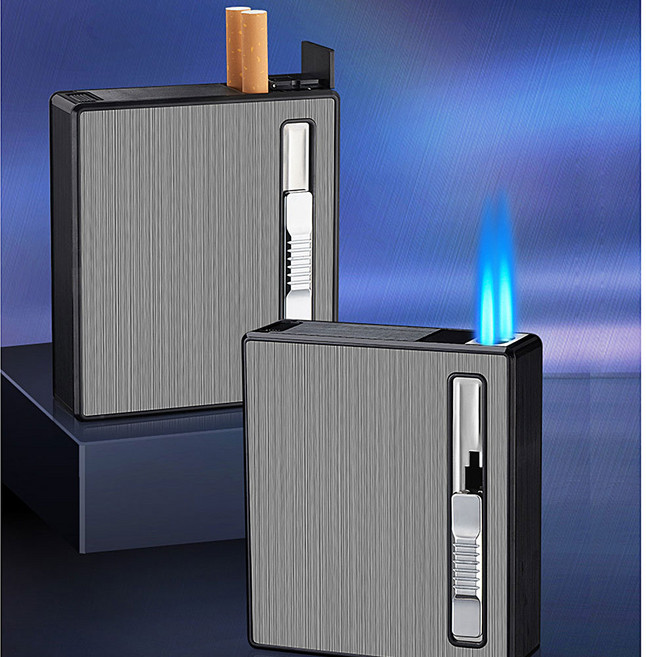 더블 충전식 라이터 일체형 일반 담배 20개비 슬림 스틸 케이스, pt014블랙, 1개