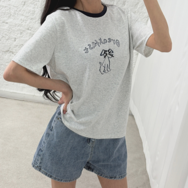 바이일이오 여성 강아지 프린팅 배색 진주 리본 반팔 티셔츠