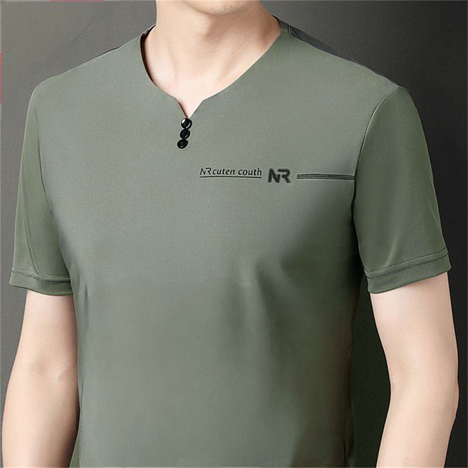 VEZRI 남성용 여름 반팔 티 고급 실크 캐주얼 솔리드 브이넥 티셔츠 중년 아빠룩 루즈핏 착용감 편안한 반팔 티셔츠