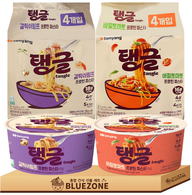 [블루존] 탱글 프로틴 파스타 라면 바질토마토맛 갈릭쉬림프맛 큰컵 봉지 멀티, 1박스, 1.08kg
