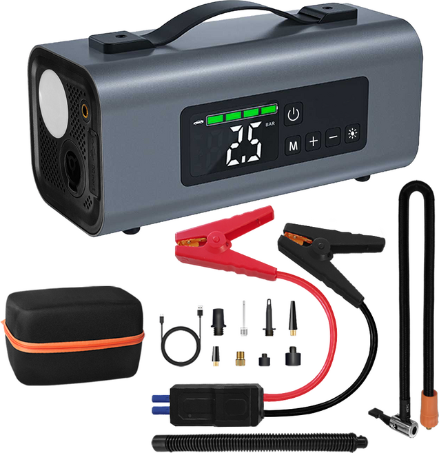 Gaayou 점프스타터 6in1: 피크 2000A 긴급시동 + 에어펌프(차량/바이크/공구) + 진공기 + LED라이트 + 송풍기 - 휴대용 멀티 비상키트+스마트 점프 케이블, 10000mAh, 1개