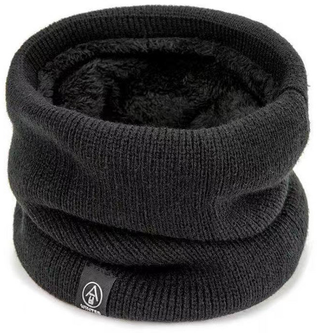 雙層加絨毛線針織保暖圍脖 防寒護頸套頭圍巾, 【C058】黑色, 1個