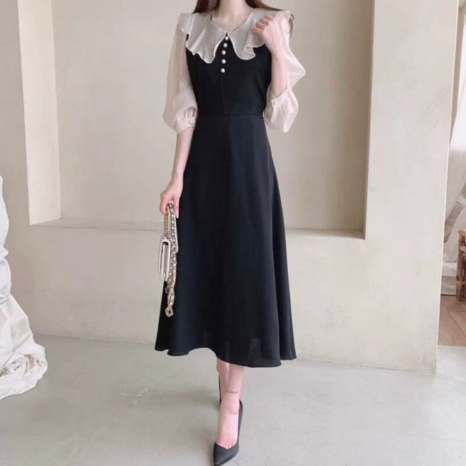 COSYEVNO 여성 쉬폰 원피스 프릴넥 벌룬 소매 엘레강스 패션 롱 스커트