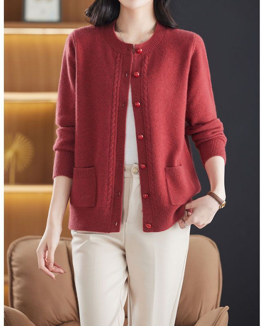 메인워크 중년여성 라운드넥 니트 가디건 긴팔 가을 겨울 루즈핏 니트 아우터 캐주얼 새해 데일리 엄마룩 스판 심플 도톰 숏 코트