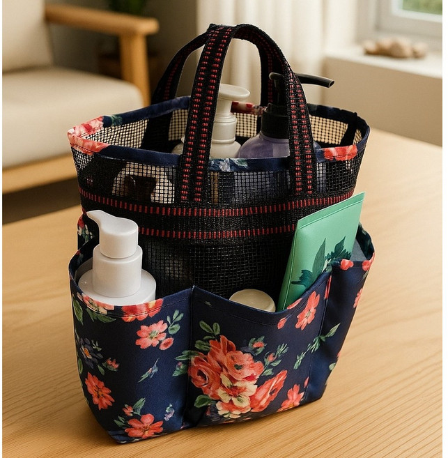 쓰리몰 꽃무늬 목욕가방 욕실용품 정리 샤워백 플라워 다용도 수납가방 여행용, 플라워네이비