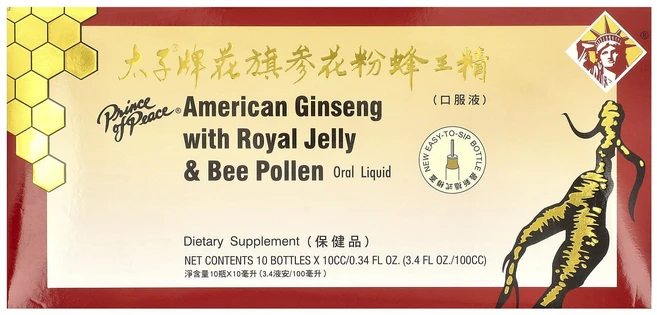 Prince of Peace 로얄 제리 & 비 폴렌 함유한 아메리칸 진셍 각 10 병 (10cc), PrinceofPeace로얄제리비폴렌함유한아메리칸진셍각, 1개, 100ml - 쿠팡