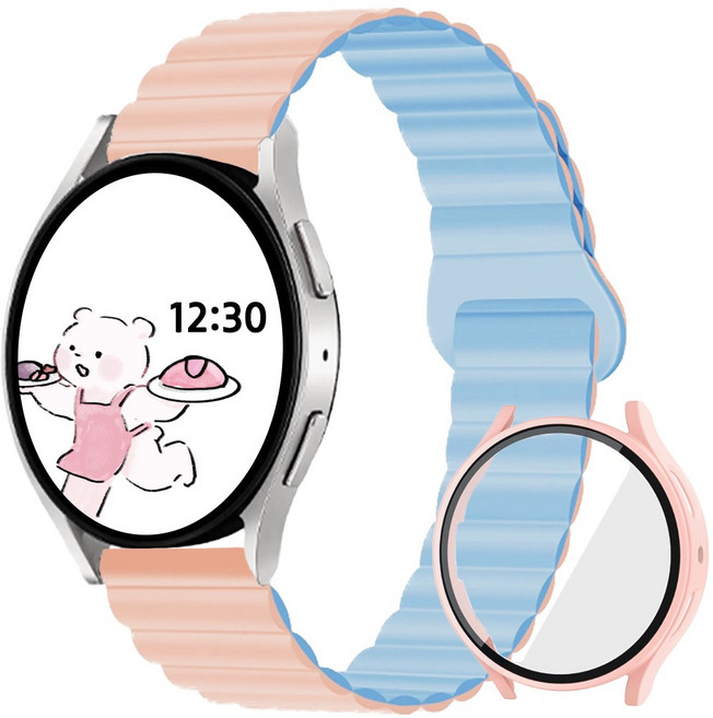 아이비온 갤럭시워치 마그네틱 스트랩 40 44mm + 풀커버 케이스 세트, 블라썸스카이