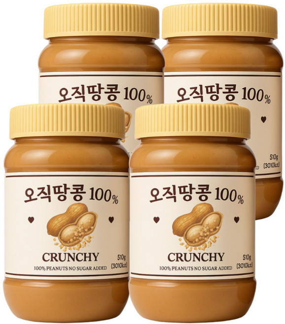 오직땅콩100% 무첨가 피넛버터 크런치, 4개, 510g