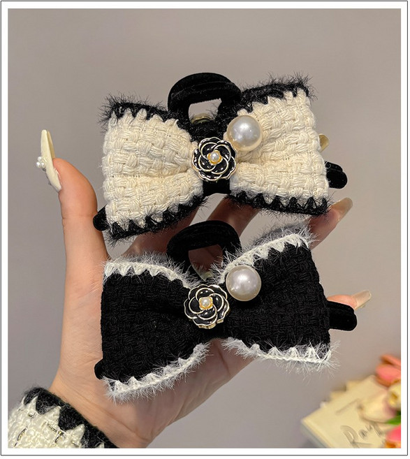 겨울 샤인 니트 리본 헤어 집게핀 동백 꽃 포인트 올림 머리 헤어핀