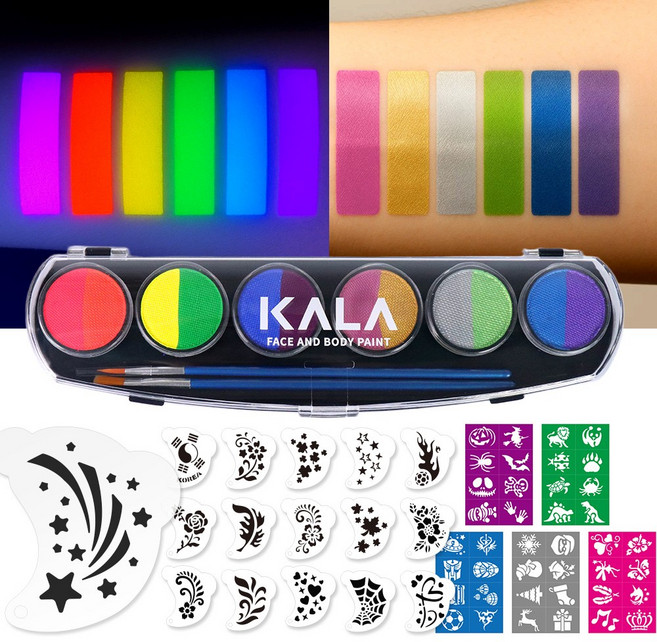 KALA 페이스페인팅 물감세트-수성 팔레트+스텐실 56종+브러쉬 2종포함 아트마스크 입시용 축제 행사용 할로윈 홈파티, 5_KALA펄&네온12색콤비(S)+스텐실56종