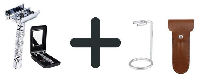 BAILI 百利 旋開式雙面安全刮鬍刀 刀架組, 銀-旋開式刮鬍刀+立架+皮套, 1個