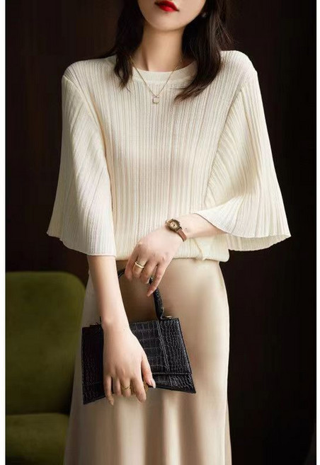 여성용 여름 가을 데일리 5부소매 니트 루즈핏 라운드 반팔 티셔츠 25JG07JJ