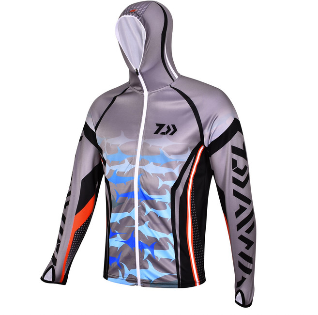 冰絲釣魚服 - 防曬速乾透氣連帽垂釣衫, 灰底藍魚紋DYF03