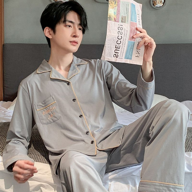 HOMES Y&L 男士純棉長袖睡衣套裝, 1個, YXSY#純棉灰色 【男士套裝】2XL 【建議140-160斤】