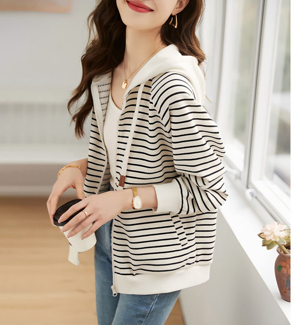 POMTOR 여성용 봄가을 캐주얼 후드 카디건 심플한 스트라이프 통근 코트 재킷