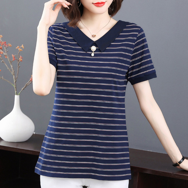 SAHINER 여성 반팔 티셔츠 스트라이프 카라 진주 장식 데일리 ATX78