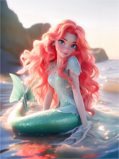 러블리 게임 캐릭터 붉은 머리의 소녀 인어 공주 3D 전체 보석십자수 애니메이션굿즈 일러스트 핸드메이드 홈테코 구슬그림 취미생활 감압게임 인테리어 캔버스형 액자 DIY세트, 01, 30*40cm (액자 포함)