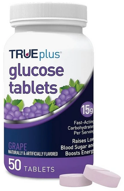 TRUEplus 포도당 정제 츄어블 포도 맛 빠르게 작용하는 탄수화물 15g 지방 프리 글루텐 프리 저혈당 증가 및 에너지 향상 50개 3병, 포도, 50 Count (Pack of 1), 1개 - 쿠팡