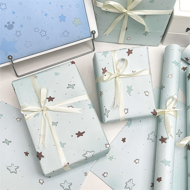 薄荷綠星星包裝紙 大尺寸禮品紙, 1個, 【2包】薄荷星星禮品紙,+雙面膠1捲