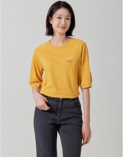 지센/ 가성비 좋은 여성 면스판 자수 스몰포인트 라운드 5부 티셔츠 LCTSP324 색상3