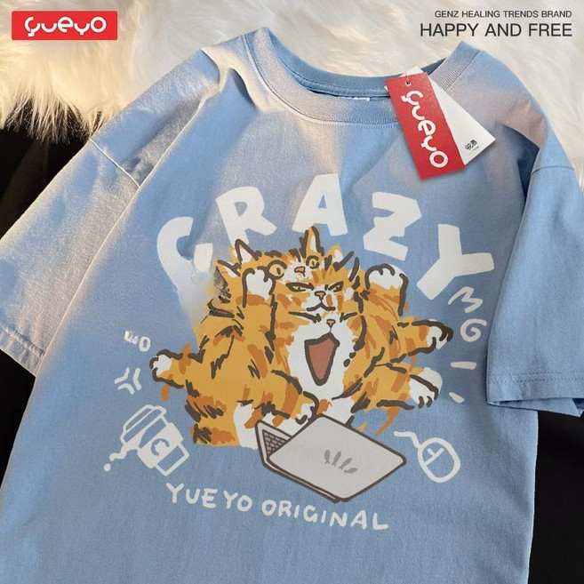 오버핏 티셔츠 크레이지캣 캐릭터 프린트 그래픽 반팔티