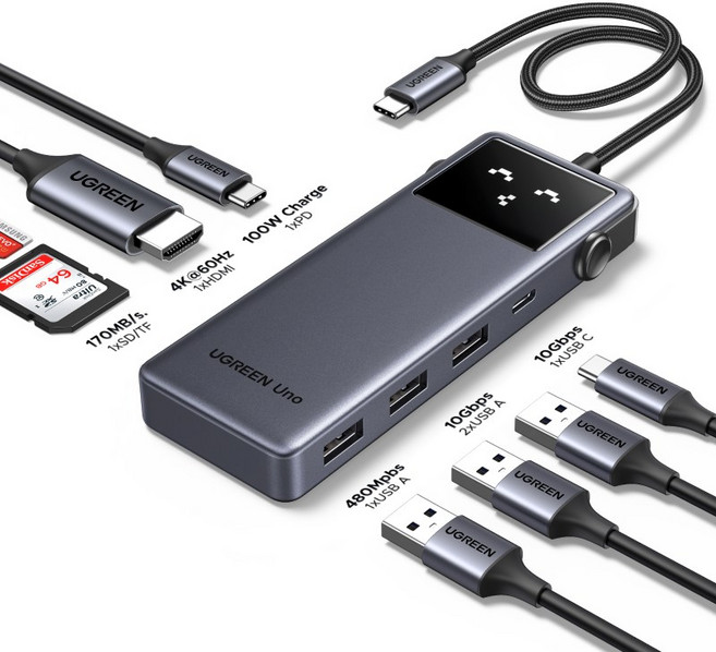 UGREEN 유그린 Uno 8-in-1 4K60Hz c타입 멀티 허브 10Gbps usb 멀티허브 HDMI A&C타입 USB3.2 포트 SD/TF 카드 슬롯 PD100W 충전, 1개, Grey