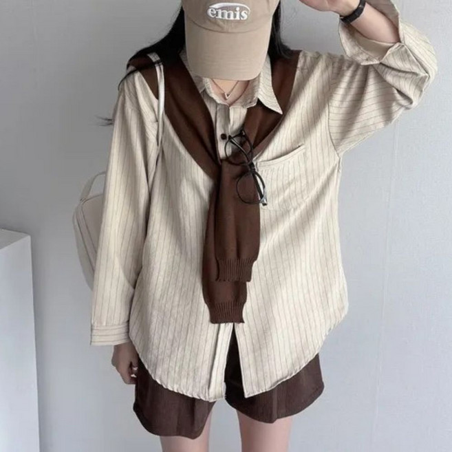 핏몬 여성 어깨숄 오버핏 스웨이드 스트라이프 셔츠